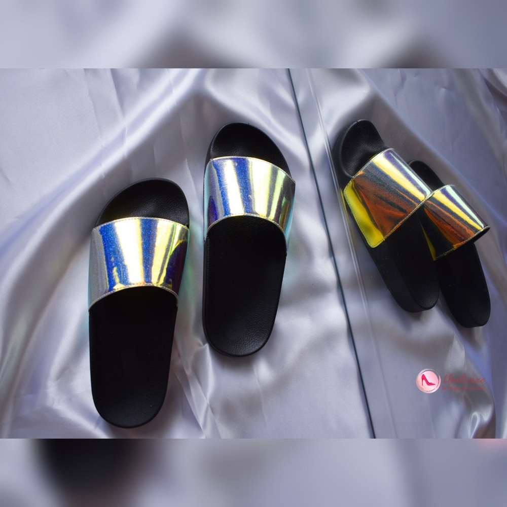 Black Hologram Slides Sandals